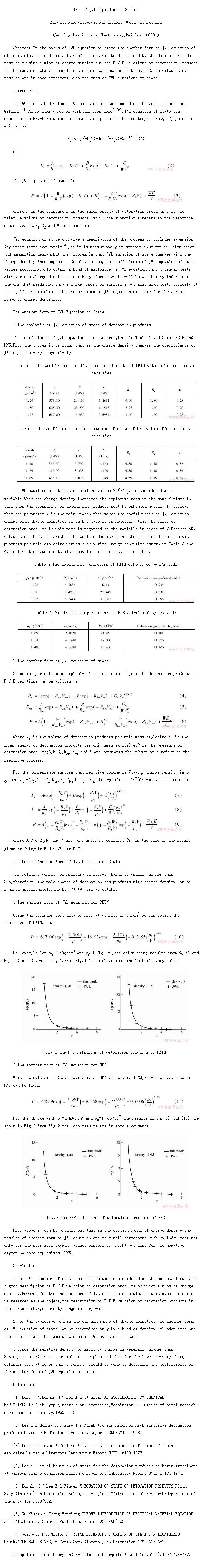 Use of JWL Equation of State