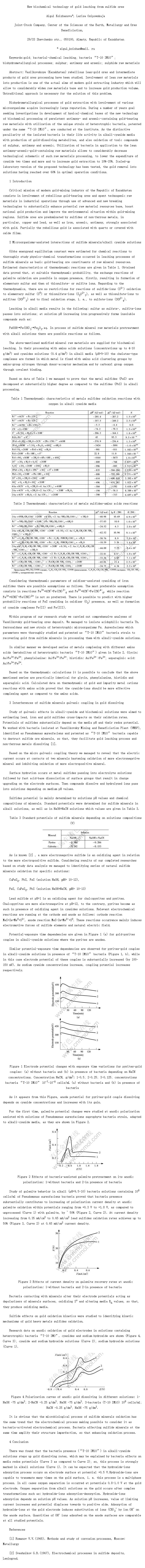 New biochemical technology of gold leaching from sulfide ores