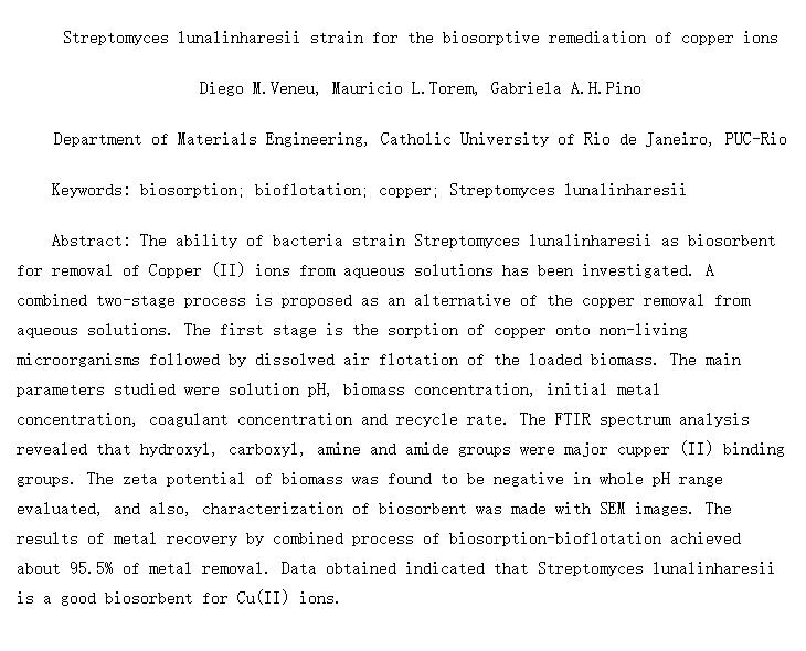 Streptomyces lunalinharesii strain for the biosorptive remediation of copper ions