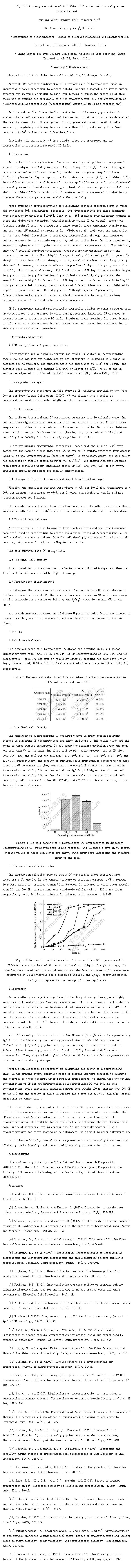 Liquid nitrogen preservation of Acidithiobacillus ferrooxidans using a new cryoprotectant